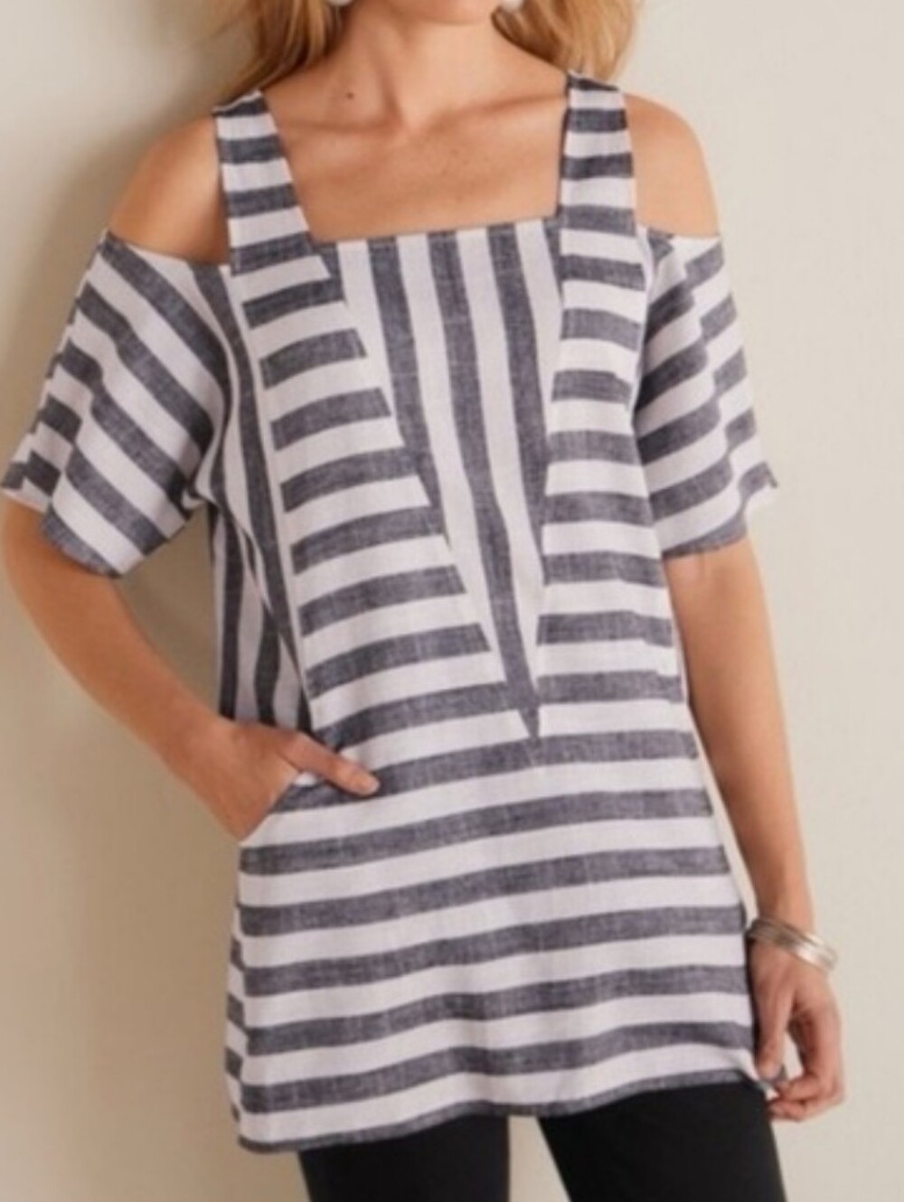 Soft Surroundings Sunset Stripe Linen Tunic Top 1X Black White Striped